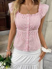 Almamuse Áo kiểu nữ phong cách boho thanh lịch và thoải mái, màu hồng viền ren, cài cúc phía trước, tay bồng, thích hợp cho kỳ nghỉ thư giãn, buổi hẹn hò lãng mạn, ngày đi học hoặc kỳ nghỉ biển. - Hồng - Xem 8
