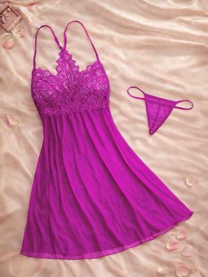 Conjunto de dos piezas de pijama de mujer  suave y cómodo con encaje floral y amor, regalo de Navidad y Halloween, camisón sexy de encaje con ropa interior semitransparente de malla, vestido de tirantes para uso diario en casa, camisón