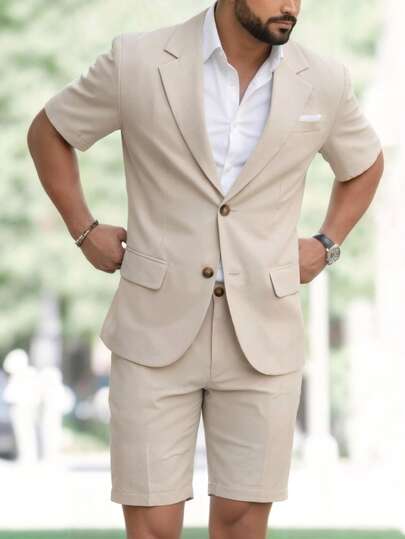 Manfinity Bizformal Herren Einreihige Kurzarm Anzugjacke und Shorts Set, Pendler & Alltag-Outfit, Sommer