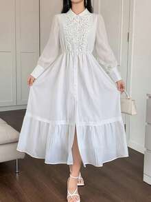 DAZY Robe chemise blanche à empiècement en dentelle, style mode décontractée et bureau, pour le printemps et l'été. Robe longue et ample, robe d'été pour femmes - Blanc - Voir 9