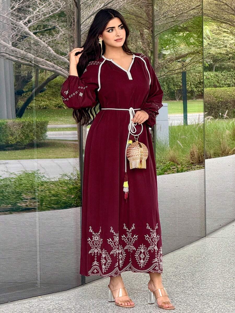 Yasmyna New V-Neck Embroidered Relaxed Comfortable Beach Dress - Burgundy - View 1