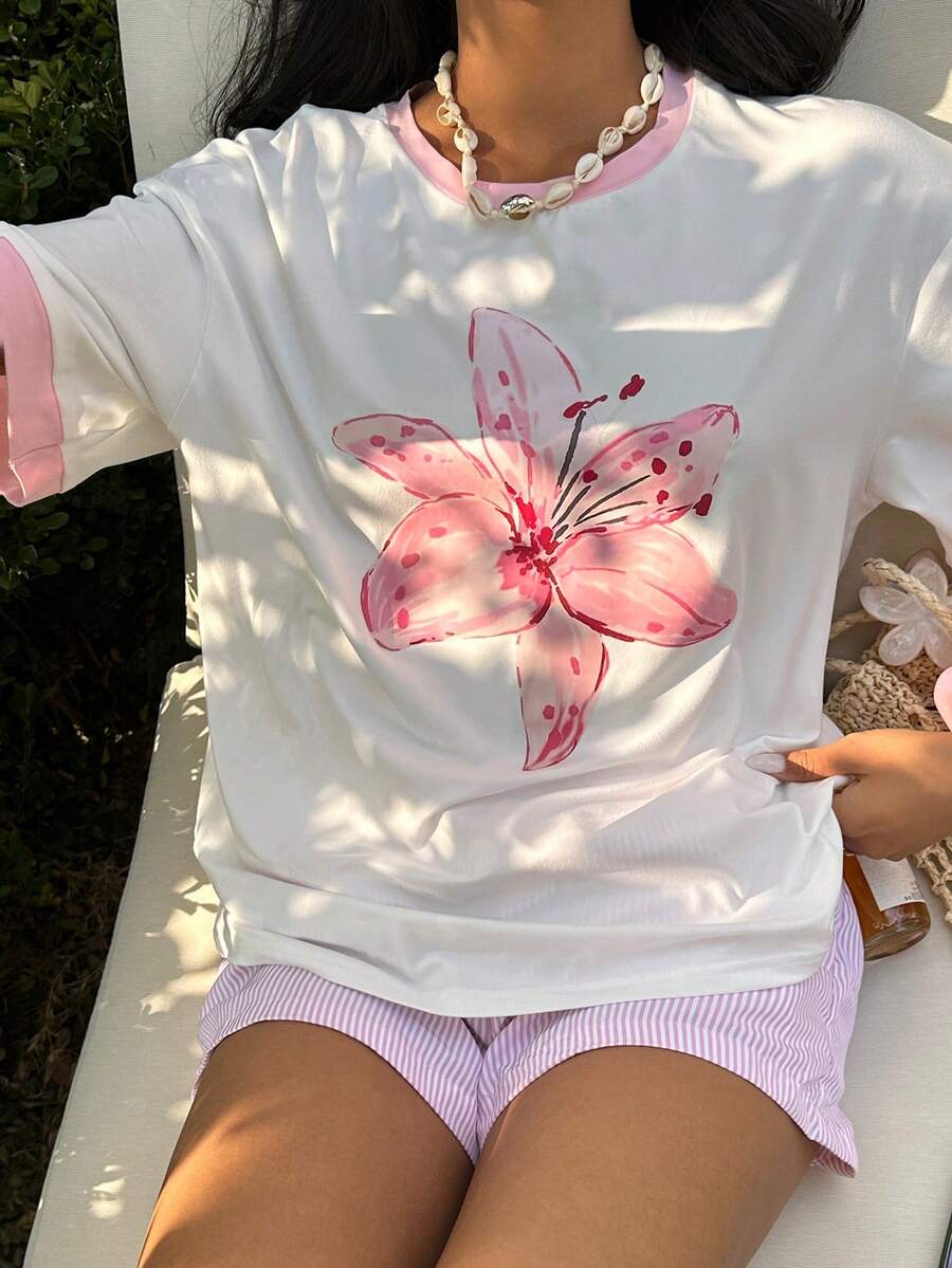 SHEIN 印花短袖T恤，休闲度假装，春夏款 - 彩色 - 查看 1