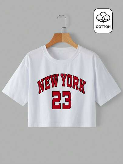 Women's White "NEW YORK 23" Numeric Slogan Print Round Neck Cotton Short Sleeve Casual Cropped Top, Suitable For Outdoor Wear, Spring/Summer