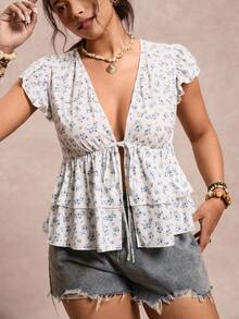 Plus Size Ditsy Floral Ruffle Sleeve Tie Front Summer Fashion T-Shirt - White - View 1