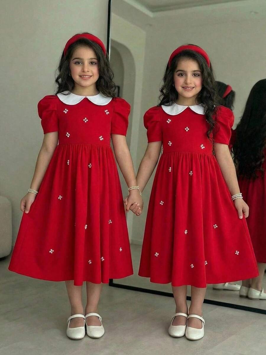 Tween Girl Spring/Summer Elegant Beaded Dress, Color Block Peter Pan Collar Puff Leg-Of-Gigot Sleeve Dress, Red Tween Girl - Red - View 1