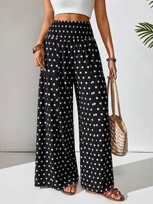 SHEIN Holidaya Quần ống rộng chấm bi cạp chun nữ, quần dài chấm bi dáng rộng, quần dài chấm bi casual mùa xuân hè, phong cách casual đi nghỉ mát, thời trang và thanh lịch, phù hợp cho mặc hàng ngày, đám cưới, tiệc tùng, đi làm, tiệc tốt nghiệp, lễ hội, kỳ nghỉ. - màu đen - Xem 5
