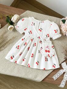 SHEIN Vintaside Kids 1件女婴舒适休闲印花荷叶边白色短袖连衣裙，百搭基础款，配有可爱印花配套包包，适合春夏上学、旅行、度假和日常穿着。 - 白色 - 查看 2