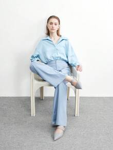 CUCCOO BIZCHIC Light Blue Simple Square Buckle Elegant Generous Fashion Commuter Pointed Empty Flat Shoes - Light blue - View 6