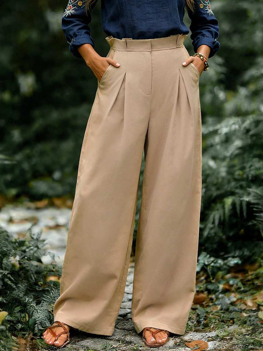 Linavere Women's Solid Color Pleated Pocket Casual Versatile Wide Leg Pants For Daily Wear - Khaki - View 1