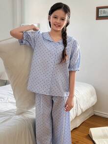 DAZY Conjunto de ropa de estar para niña preadolescente con cuello Peter Pan y manga corta - Azul - Ver 7