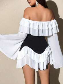 Elenzga 大码女式优雅浪漫性感黑白拼接飘逸雪纺露肩荷叶边下摆弹力修身长袖喇叭袖迷你连衣裙，春秋季 - 黑與白 - 查看 2