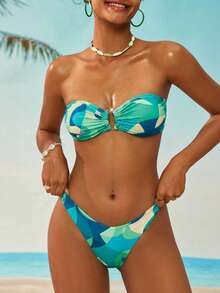 Swim Vcay Women's Summer Beach Vacation Style Patchwork Print Metal Ring Decor Ruched Bust Separate Bikini Set - Teal Blue - View 3