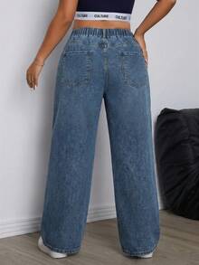 SHEIN ICON Quần jeans nữ cỡ lớn, cạp chun, túi, ống rộng, dáng suông, thoải mái. - Màu xanh bụi bặm - Xem 2