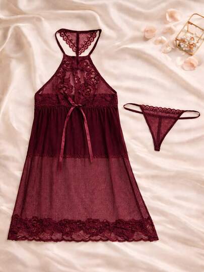 Conjunto de pijama sexy de dos piezas para mujer, talla única, color sólido, ,corte imperio ,encaje en contraste, diseño de corte frontal, tanga, tirantes ajustables para mayor comodidad, pijama. detalle con moño