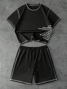 PAVTROS Bộ đồ nam tối giản in họa tiết, cổ tròn, tay ngắn gồm áo thun và quần short. - màu đen - Xem 6
