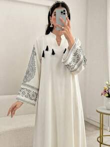 Al Najma 女士春夏梭织印花立领流苏吊坠长袖优雅阿拉伯连衣裙 - 彩色 - 查看 4