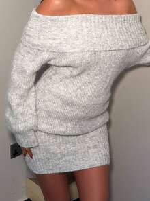 Ambs Edit 灰色露肩高领长袖迷你毛衣裙，上衣宽松下装紧身，适合年轻女士，秋冬 - 灰色 - 查看 4