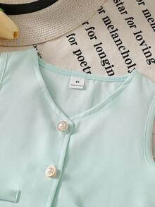 Souflis Souflis Young Girls' Sweet Pink Sleeveless Pearl Button Vest + Bowknot Pleated Skirt 2-Piece Set, Elegant Casual Summer Outfit Girls Mint Green Vest Skirt Set Kids Light Green Skirt Set - Green - View 5