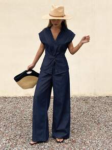 DAZY 女士V领扭结短袖露脐牛仔上衣搭配宽松直筒牛仔裤，休闲度假装扮 - 深色水洗藍 - 查看 2