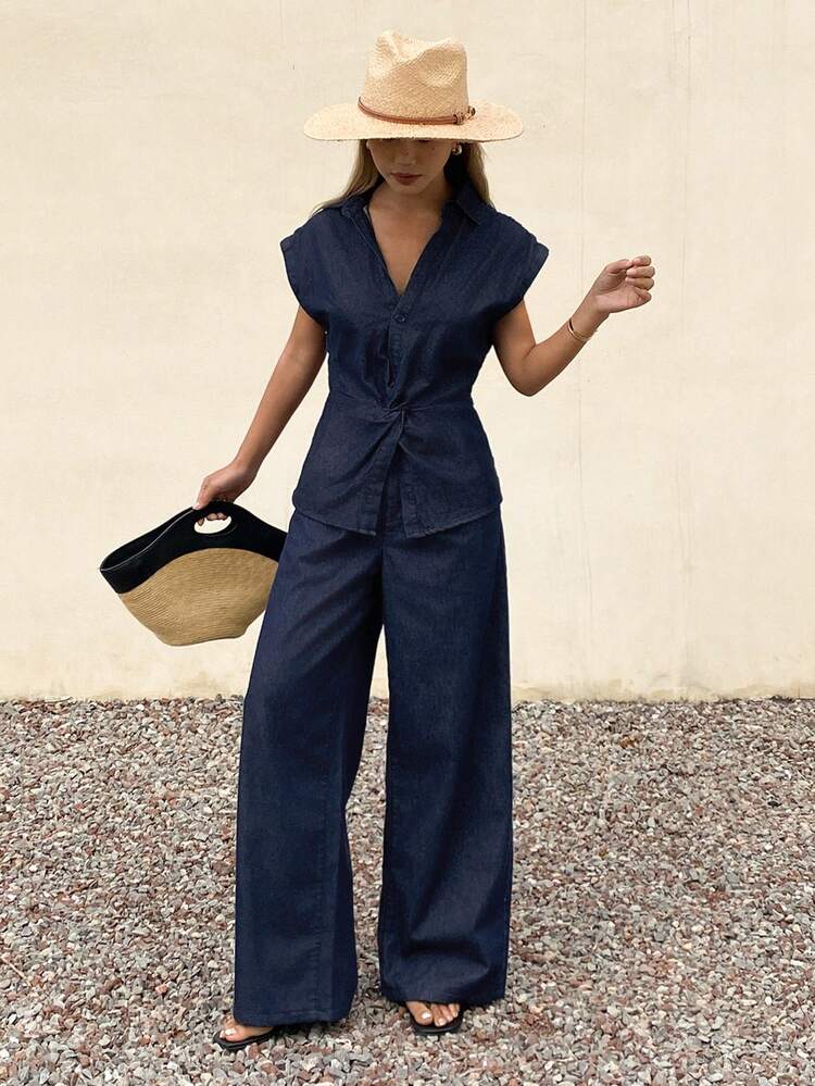 Women's V-Neck Twist Knot Short Sleeve Cropped Denim Top And Loose Straight Leg Jeans Casual Vacation Outfit
