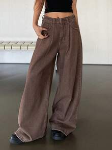 DAZY Women's Regular Waist Pleated Long Loose Casual Jeans - Brown - View 8