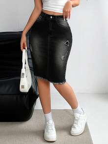 EMERY ROSE Button Front Pocket Distressed Fringed Casual Denim Skirt - Black - View 5