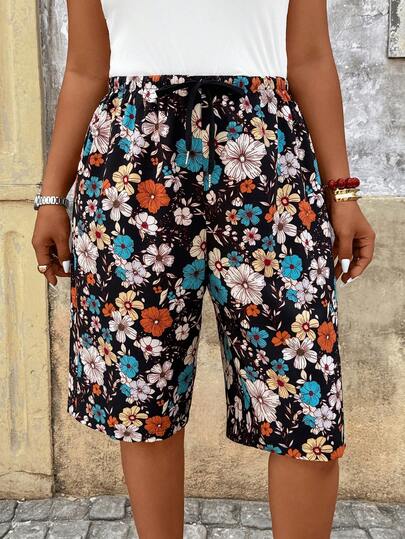 Breezaya 大码女式夏季休闲印花百慕大短裤