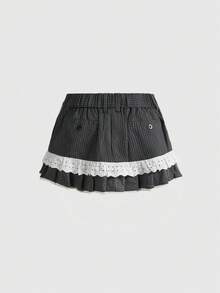 Sweetness Vintage Cute Sweet College Style Striped Mini Skirt, Low Waist For Women - Dark Grey - View 2