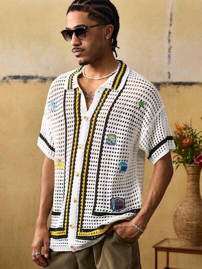 ROMWE MEN 男士刺绣领沙滩度假针织上衣