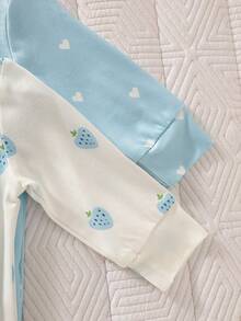 SHEIN 新生女宝宝两件套，舒适可爱草莓印花长袖连体衣，柔软弹力针织面料，方便穿脱的按扣设计，适合春秋季节，0-9个月，粉色和白色 - 藍色 - 查看 4