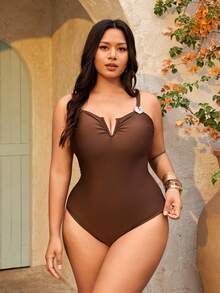 Swim Oasis Plus Size Women 2-Piece Set,Solid Brown V-Neck Bandeau Crop Top & High Waist Leaf Print Mesh Long Pants Swimsuit,Summer Beach Holiday Holiday Premium - Brown - View 4