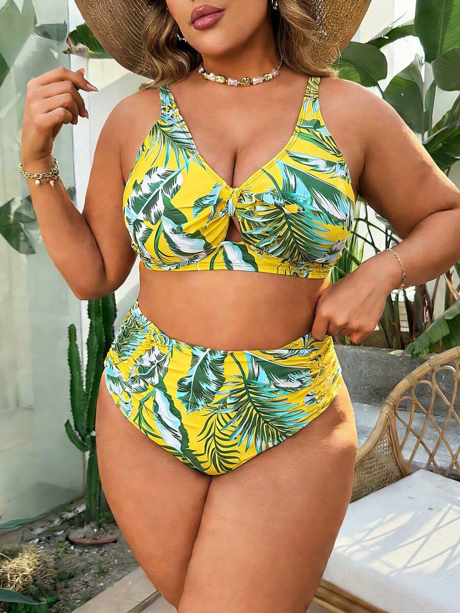 Swim Lushoire 大码女式两件套植物印花吊带泳衣，宽肩带设计，性感高腰三角泳裤，简约度假泳装热带风情两件套，大码泳衣两件套，夏季两件套，大码热带比基尼套装，沙滩两件套 - 黃色 - 查看 1