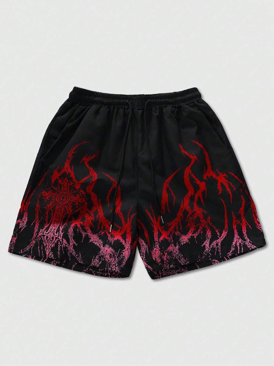 ROMWE MEN Street Life Men's Printed Woven Shorts, Suitable For Spring And Summer - Black - View 1