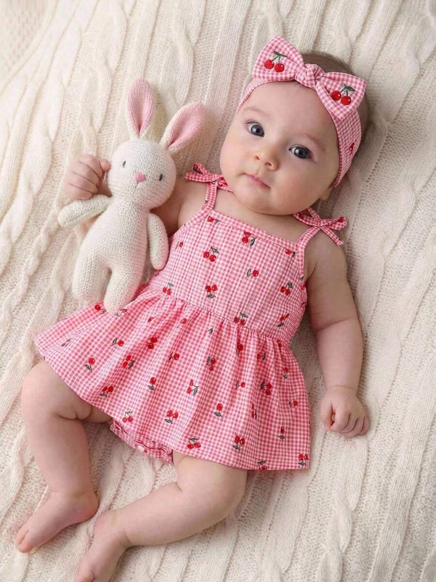 SHEIN Baby Girl Plaid Cherry Print Shoulder Bow Decor Jumpsuit - Pink - View 1