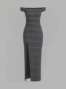 SHEIN EZwear 女士春夏新款露肩高开衩条纹针织长裙 - 黑色 - 查看 3