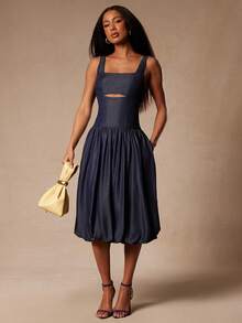 NYA SZN Elegant Navy Blue Denim Midi Dress For Women,Sleeveless Straps Cut Out Bubble Hem Sundress,Chambray Outfits For Autumn Dinner Date, Beach Party - Dark Wash - View 6