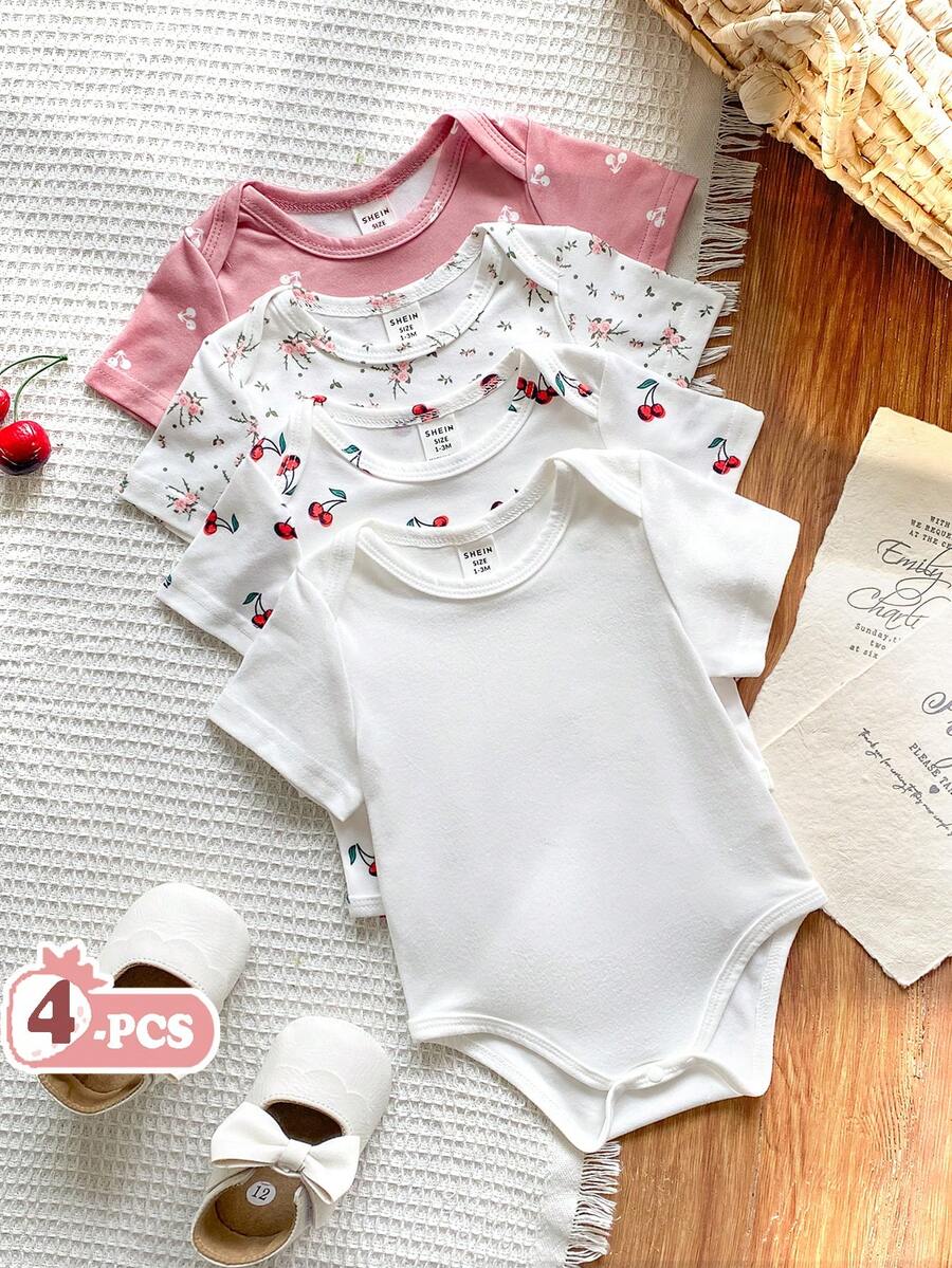 SHEIN Vintaside Kids 4pcs/Set Newborn Baby Boys' Casual Short Sleeve Rompers, Comfortable & Minimalist, Summer - Multicolor - View 1