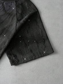 Manfinity Roghcode 2pcs/Set Men's Streetwear Black Glitter Summer City Break Short Sleeve T-Shirt And Drawstring Shorts,Knit Starry Print Distressed Rapper Costume - Black - View 6