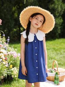 少女优雅可爱时尚彼得潘领条纹无袖学院风连衣裙，夏季 - 藍色 - 查看 6