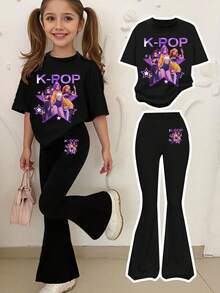 1 Set Girls Casual Comfortable K-POP Girl Group Graphic Print Short Sleeve Round Neck T-Shirt And Flare Pants Outfit, Fashionable Casual, Suitable For Spring/Summer Wear - Black - View 1