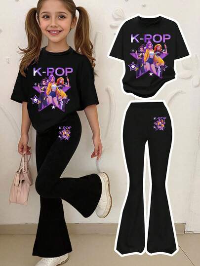 1 Set Girls Casual Comfortable K-POP Girl Group Graphic Print Short Sleeve Round Neck T-Shirt And Flare Pants Outfit, Fashionable Casual, Suitable For Spring/Summer Wear