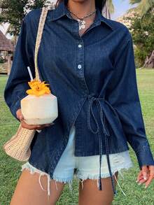 DAZY 女士翻领宽松侧系腰带休闲牛仔衬衫 - 中等水洗藍 - 查看 4