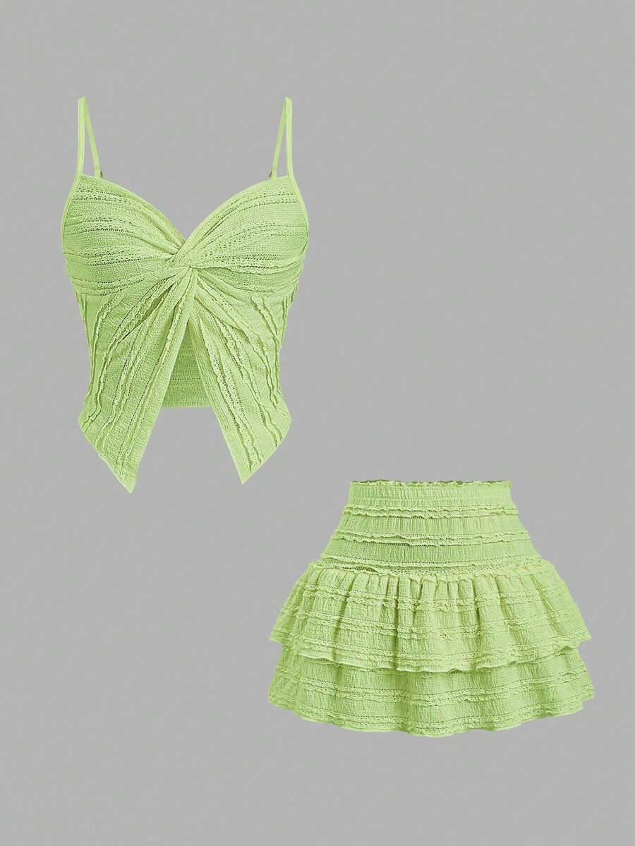 Sweetra French Sweet Ruffle Strap Twist Top & Layered Ruffle Hem A-Line Mini Skirt 2 Pieces Set, Spring/Summer For Women - Green - View 1