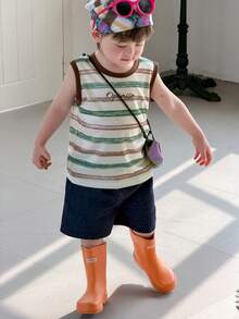 DAZY Áo thun cổ tròn kẻ sọc kiểu Hàn Quốc không tay cho bé trai, thích hợp mặc mùa hè. - Màu be - Xem 8