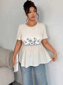 Elenzga Plus Size Women's Casual Everyday Elegant Round Neck Embroidered Splicing Blouse, Spring/Summer - Apricot - View 4