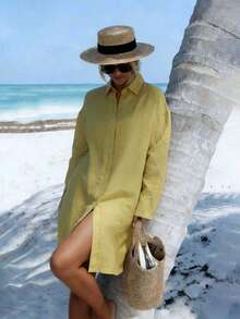 Vaclyn Đầm midi dài tay thêu đính sequin dành cho nữ - Màu Mù tạt vàng - Xem 5