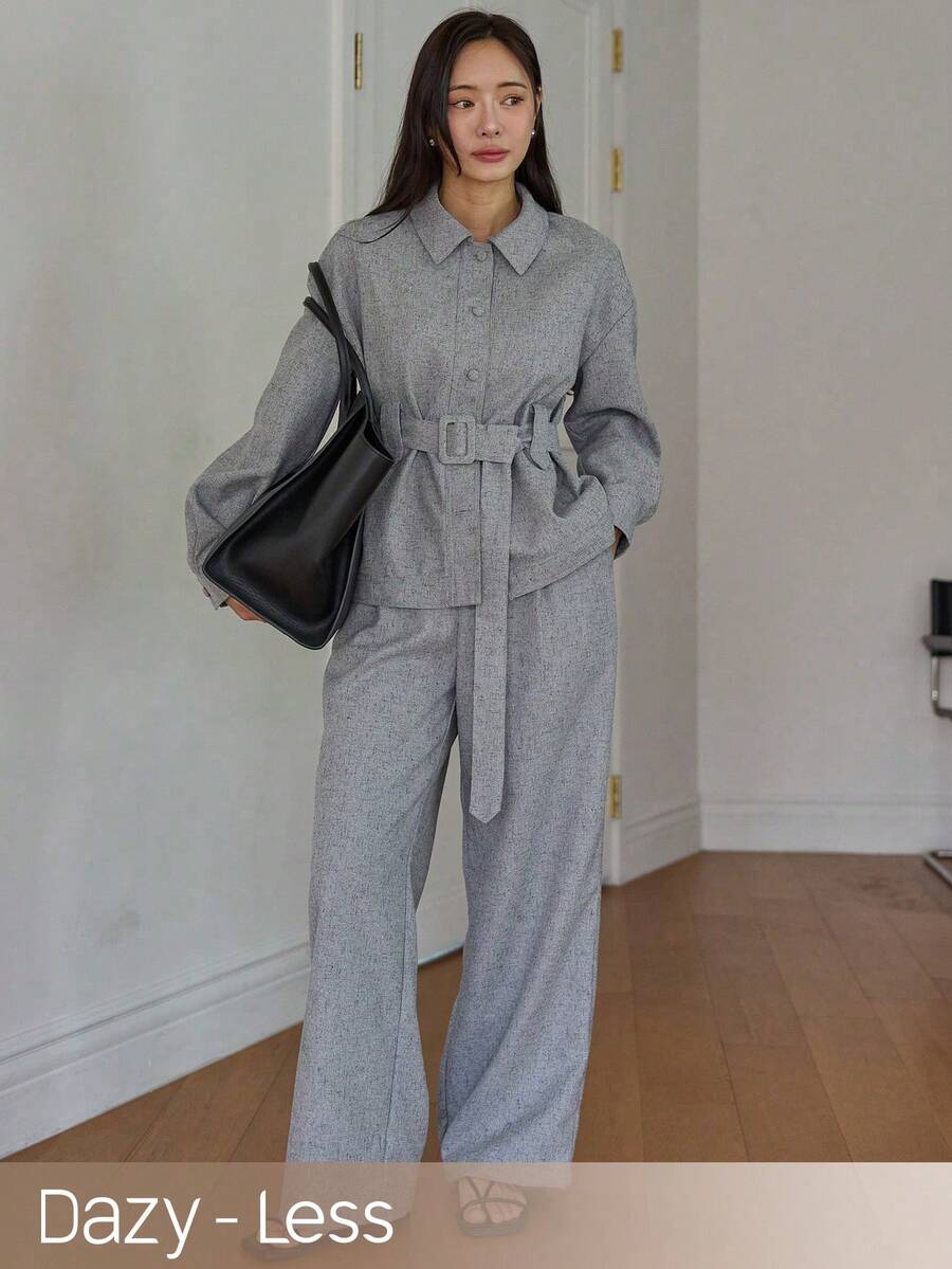 Dazy-Less Women's Casual Commuter Shirt And Pants 2 Pieces Set - Apricot - View 1