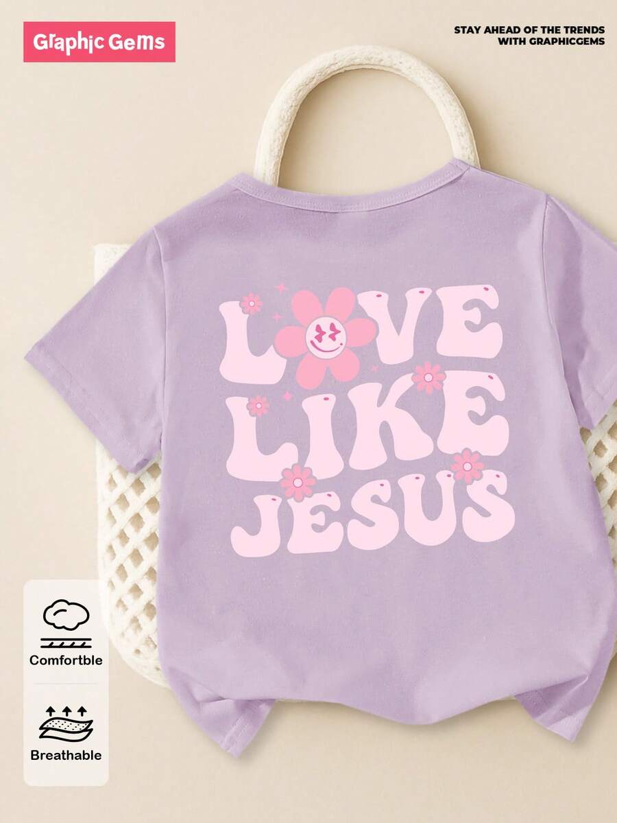 SHEIN GraphicGems Baby Girl Casual Everyday Essential Playful Print Graphic Tee, Suitable For Outings, Spring/Summer - Purple - View 1