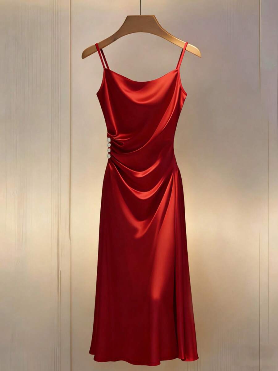 Franclia 女士可调节细肩带收腰优雅中长连衣裙，适合晚宴、派对和正式场合 - 紅色 - 查看 1