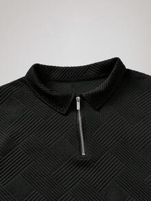Officeau Men's Spring & Autumn Casual Polo Shirt With Collar & Zipper | Herringbone Jacquard Knit, Sweatshirt Silhouette, Essential For Vacation & Everyday Casual Wear, Great Valentine's Day Gift For Boyfriend (Note: European & American Sizes Run Large, Choose One Size Down Based On Your Body Type) - Black - View 3